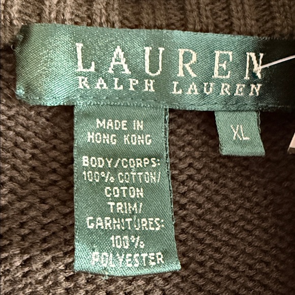 Lauren Ralph Lauren Dark Green Knit Cardigan Leather Buttons Elbow Patches XL - Picture 6 of 9